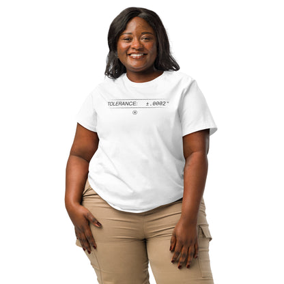 2XL woman in organic white premium t-shirt with text "TOLERANCE: ±.0002" for mechanical engineers.