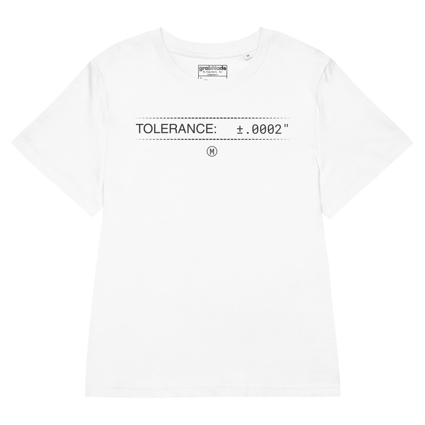 Organic white premium t-shirt with text "TOLERANCE: ±.0002" for mechanical engineers.