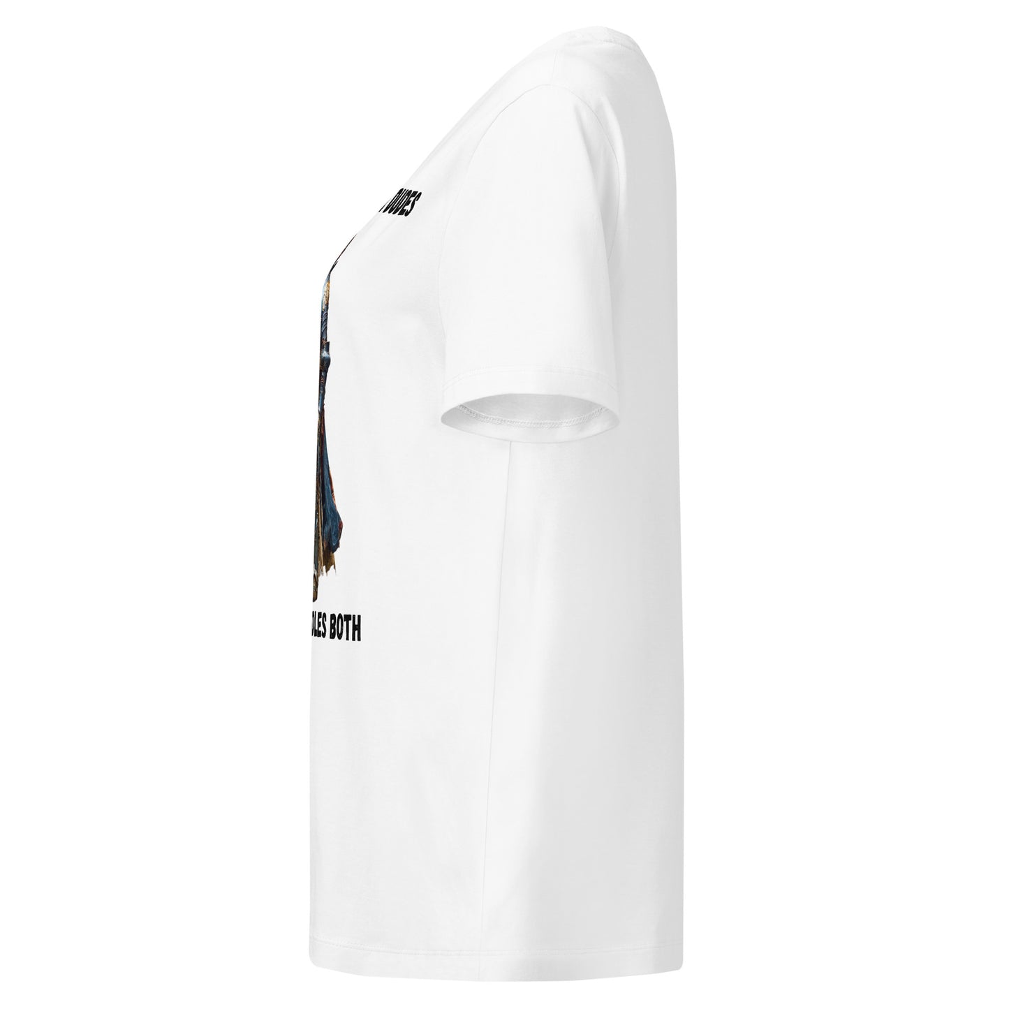 Product mockup. Organic premium white t-shirt, side view, featuring a warrior knight partially visible.