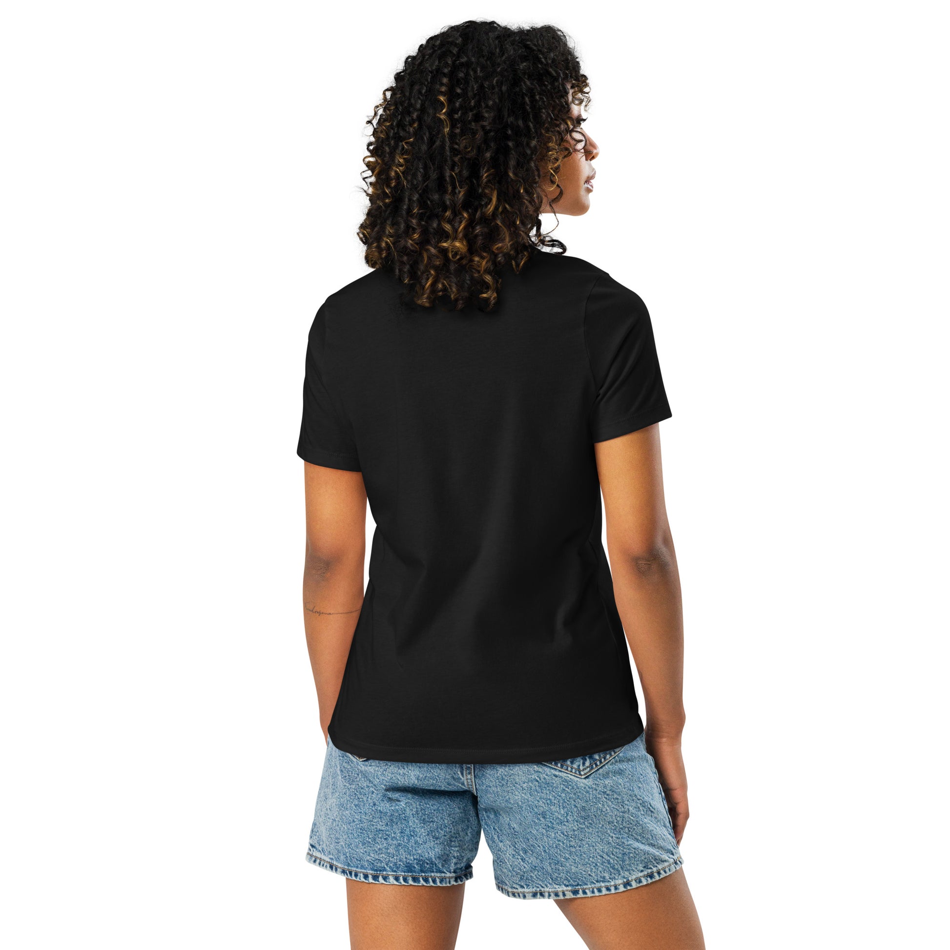 Women's cut, back view, plain black t-shirt.