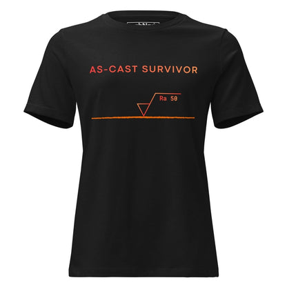 Women's black t-shirt featuring "As-Cast Survivor" text & Ra 50 surface roughness symbol for eng.