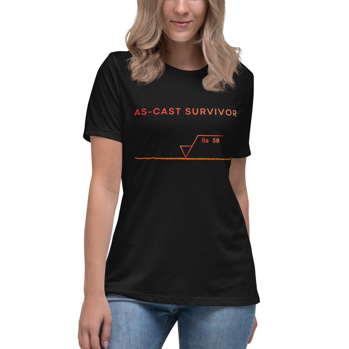 STEM women's black t-shirt featuring "As-Cast Survivor" text & Ra 50 surface roughness symbol
