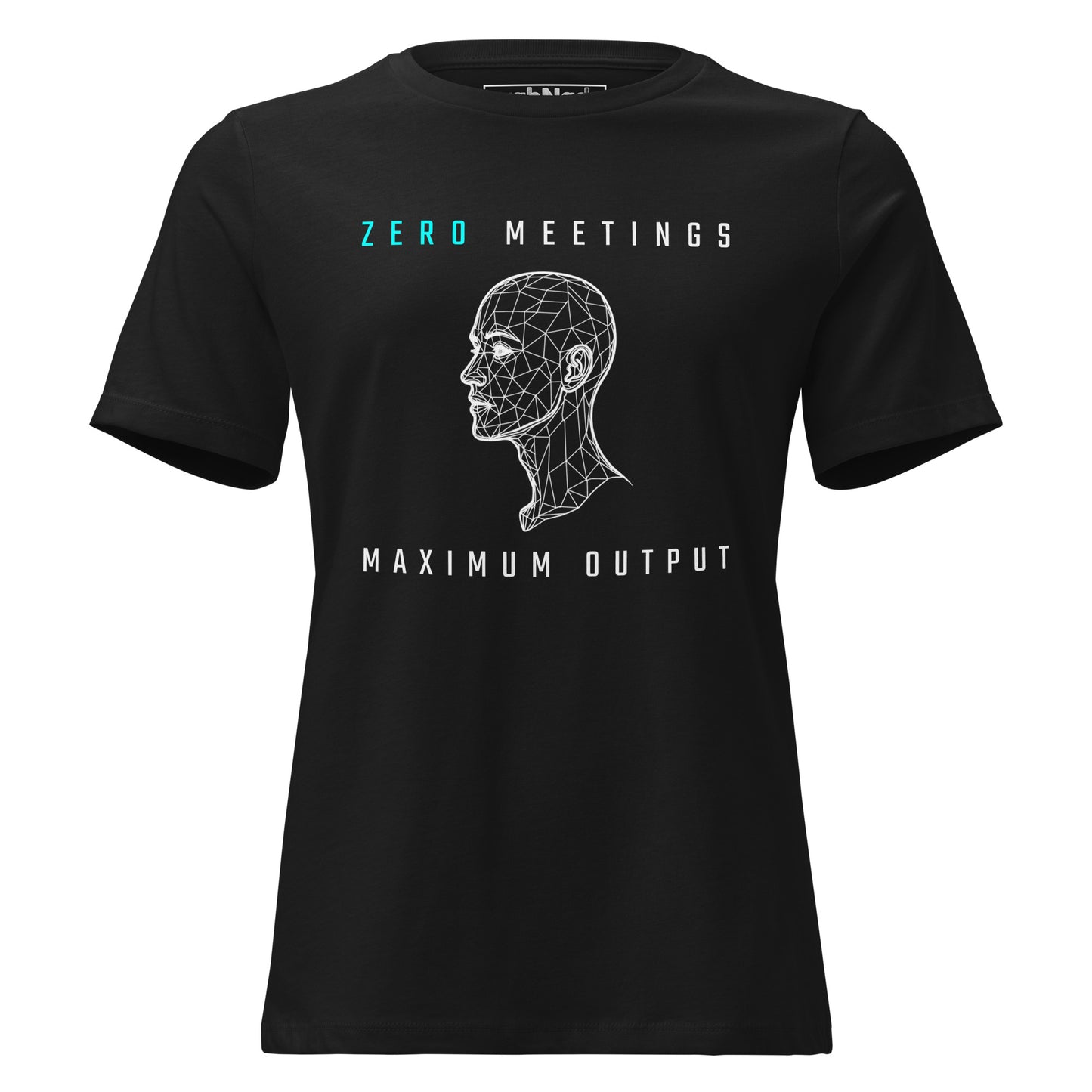 STEM women's cut, black t-shirt with wireframe head and "Zero Meetings Maximum Output" productivity text.