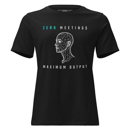 STEM women's cut, black t-shirt with wireframe head and "Zero Meetings Maximum Output" productivity text.