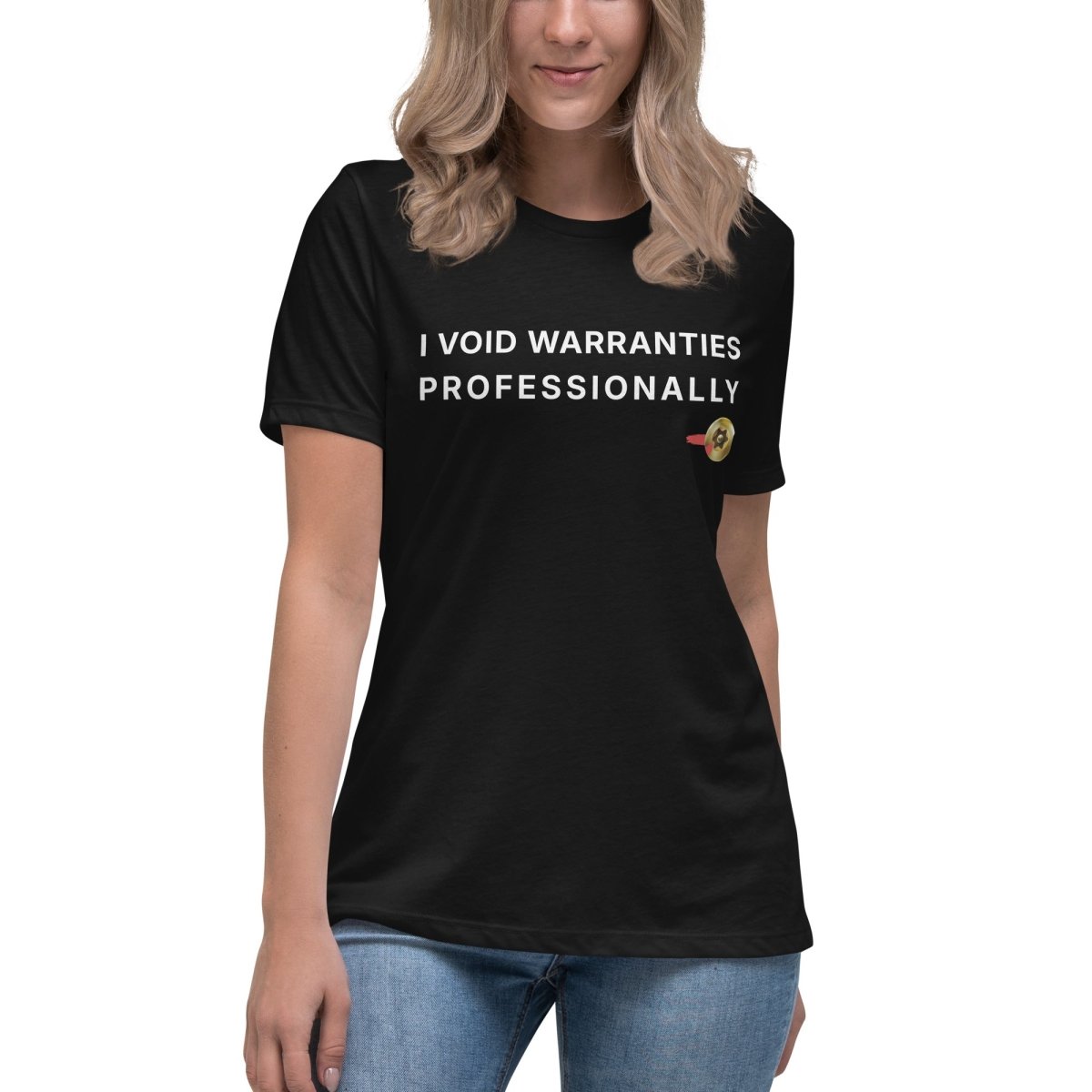 STEM women's black t-shirt featuring "I Void Warranties Professionally" text for R&D engineers.