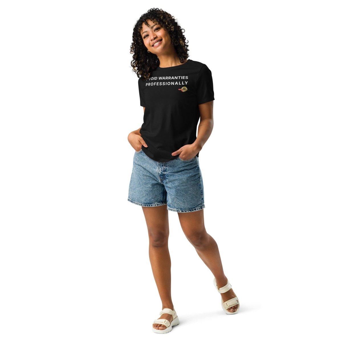 Full view of women's black tee featuring "I Void Warranties Professionally" text for R&D engineers