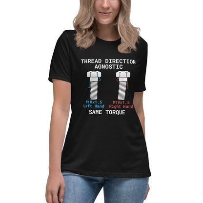 STEM women's black t-shirt "Thread Direction Agnostic" LH vs RH bolts, same torque for engineers.