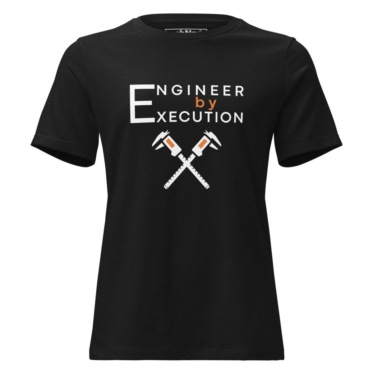 Black premium combed ring-spun cotton tee with “Engineer by Execution” text with crossed calipers.