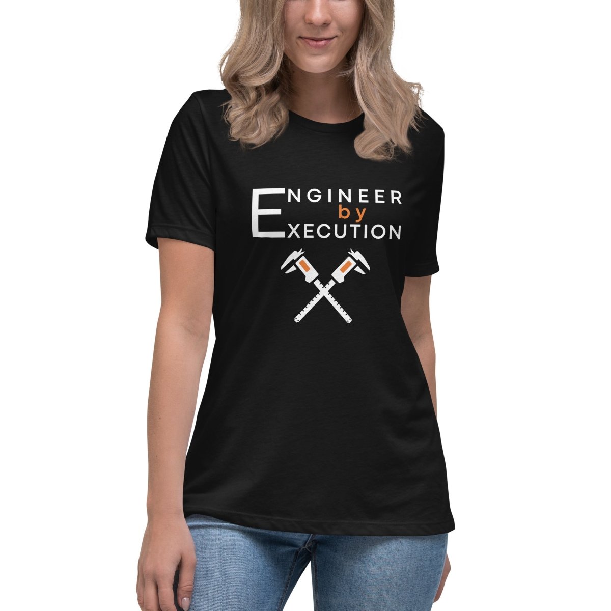 Woman in black Combed ring-spun cotton tee with “Engineer by Execution” text with crossed calipers.