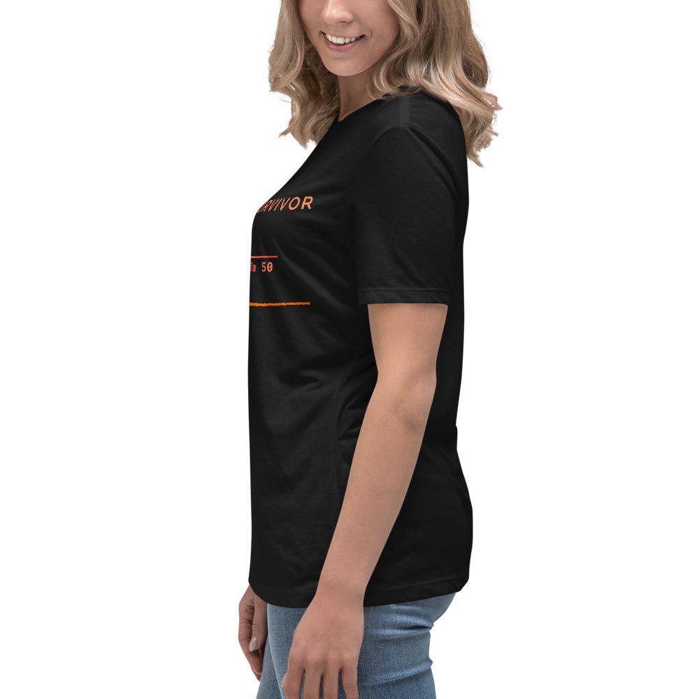 Side view of women's black t-shirt featuring "As-Cast Survivor" text & Ra50 roughness symbol