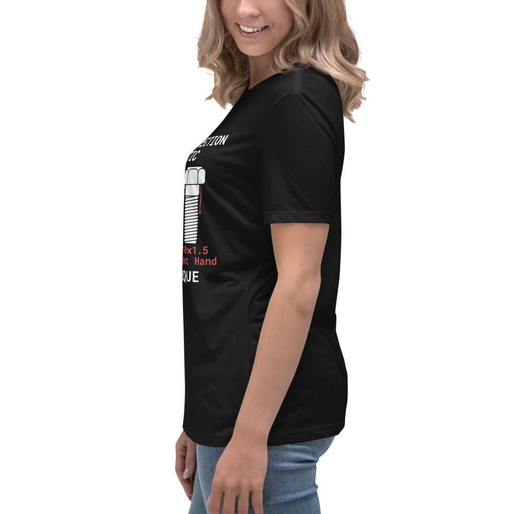 Side view of women's black t-shirt "Thread Direction Agnostic" LH vs RH bolts, same torque.