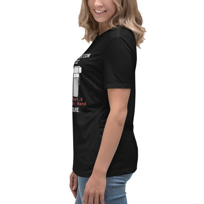 Side view of women's black t-shirt "Thread Direction Agnostic" LH vs RH bolts, same torque.