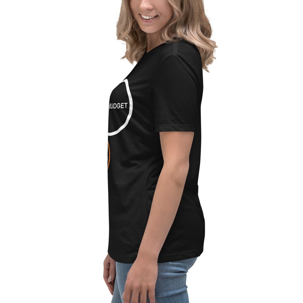 Side view of Women's black tee featuring a PM Venn diagram about technical debt and physics.