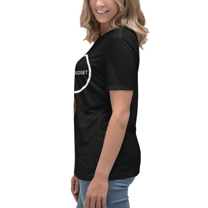 Side view of Women's black tee featuring a PM Venn diagram about technical debt and physics.