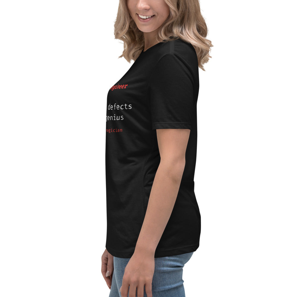 Women's cut, side view of black t-shirt with "Mechanical Engineer. Solves stealth defects with silent genius.