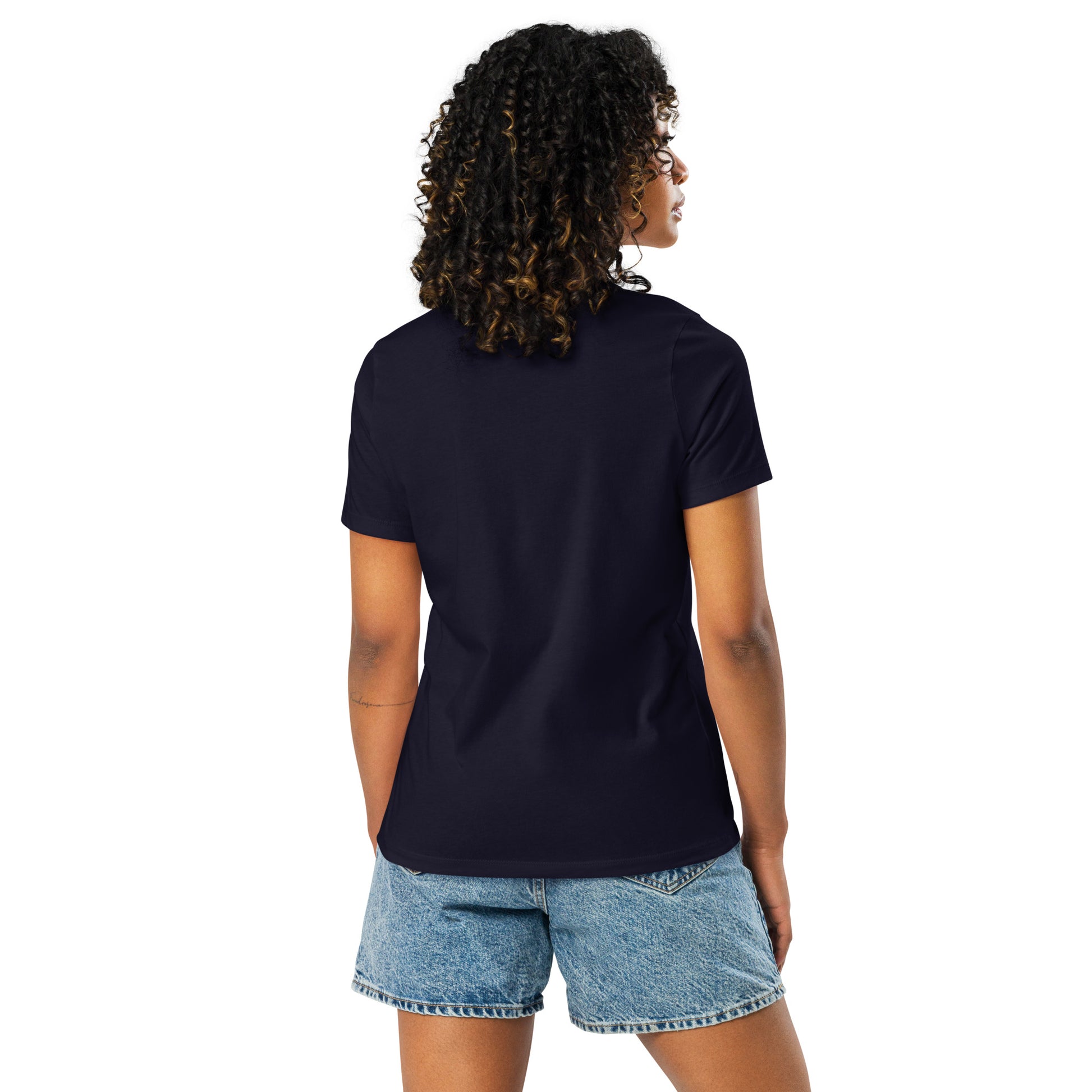 Women's cut, back view, plain navy t-shirt.