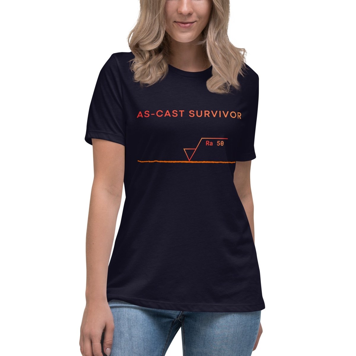 STEM women's navy t-shirt featuring "As-Cast Survivor" text & Ra 50 surface roughness symbol