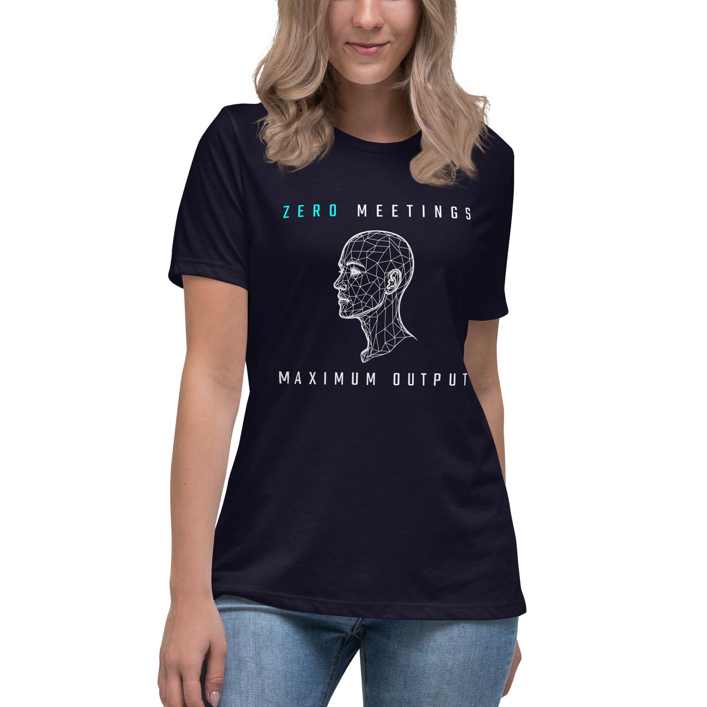 Women's cut, navy t-shirt with wireframe head and "Zero Meetings Maximum Output" productivity text.
