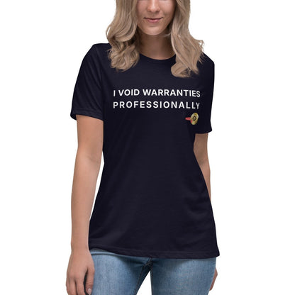 STEM women's navy t-shirt featuring "I Void Warranties Professionally" text for R&D engineers.