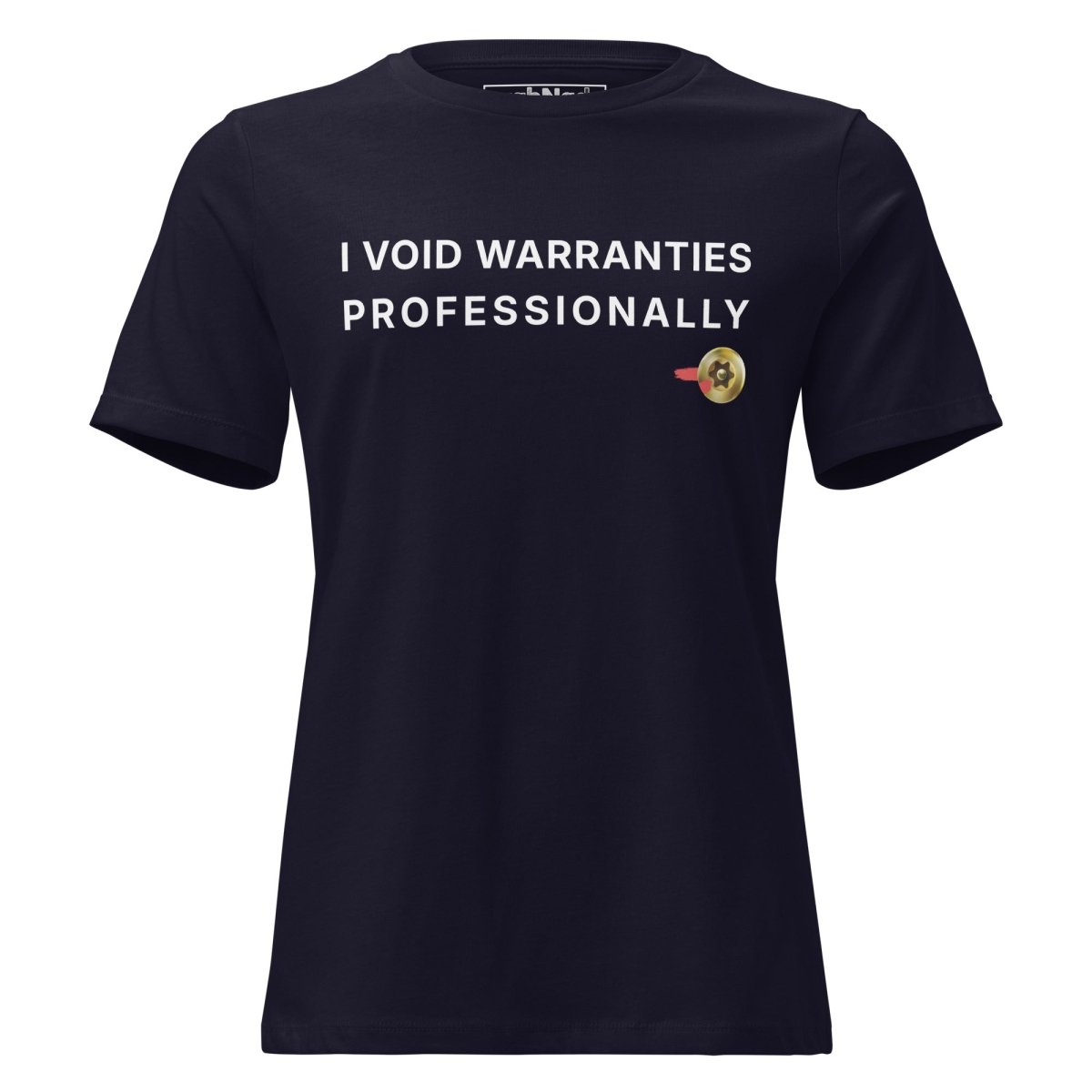 Women's black t-shirt featuring "I Void Warranties Professionally" text for R&D engineers.