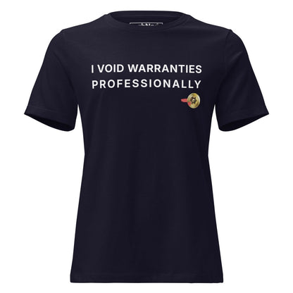 Women's black t-shirt featuring "I Void Warranties Professionally" text for R&D engineers.