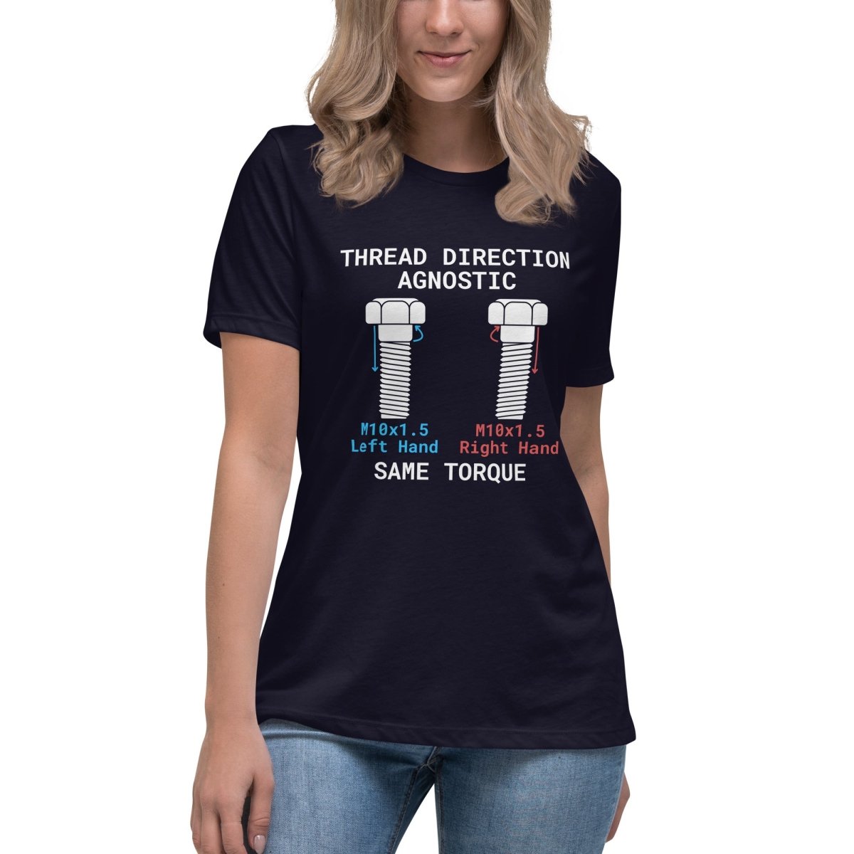 STEM women's navy t-shirt "Thread Direction Agnostic" LH vs RH bolts, same torque for engineers.