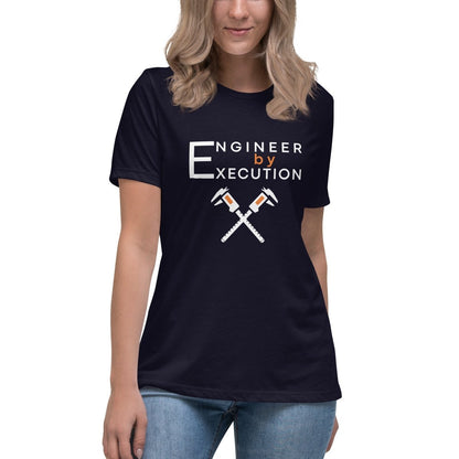Woman in navy Combed ring-spun cotton tee with “Engineer by Execution” text with crossed calipers.