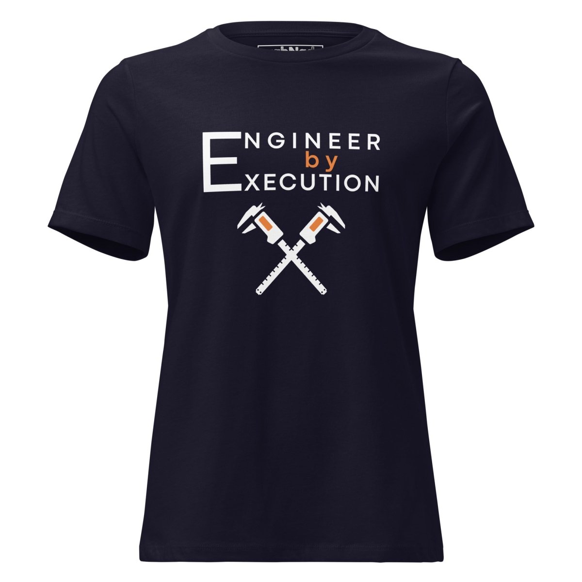 Navy premium combed ring-spun cotton tee with “Engineer by Execution” text with crossed calipers.