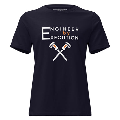 Navy premium combed ring-spun cotton tee with “Engineer by Execution” text with crossed calipers.