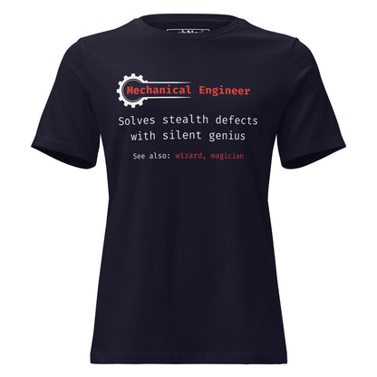 STEM women's cut, navy t-shirt with "Mechanical Engineer. Solves stealth defects with silent genius.