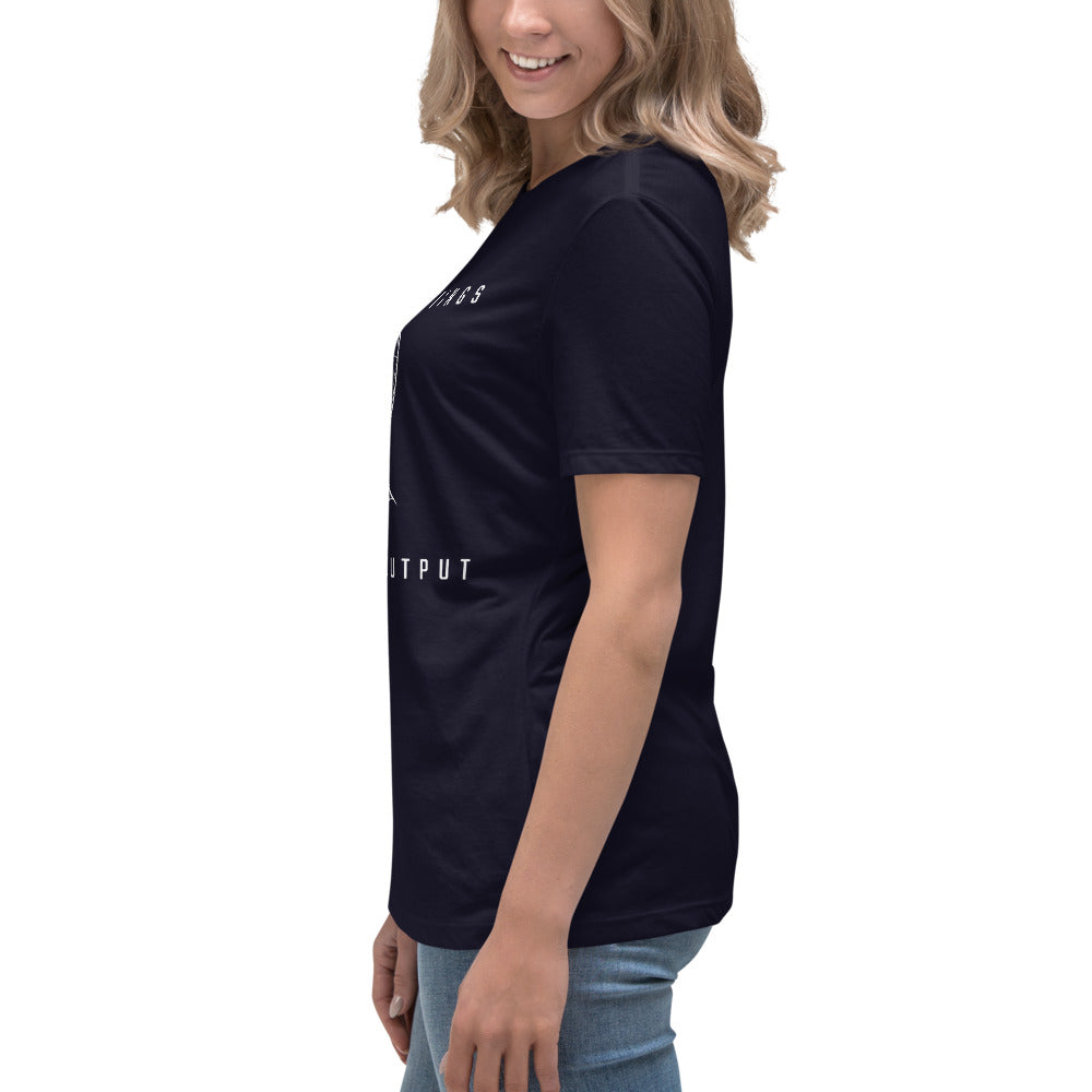 Women's cut, side view, navy t-shirt with wireframe head and "Zero Meetings Maximum Output" productivity text.