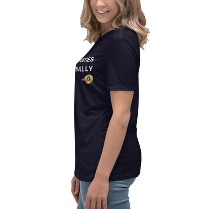 Side view of women's navy t-shirt featuring I Void Warranties Professionally text for R&D engineers