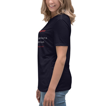Women's cut, side view of navy t-shirt with "Mechanical Engineer. Solves stealth defects with silent genius.