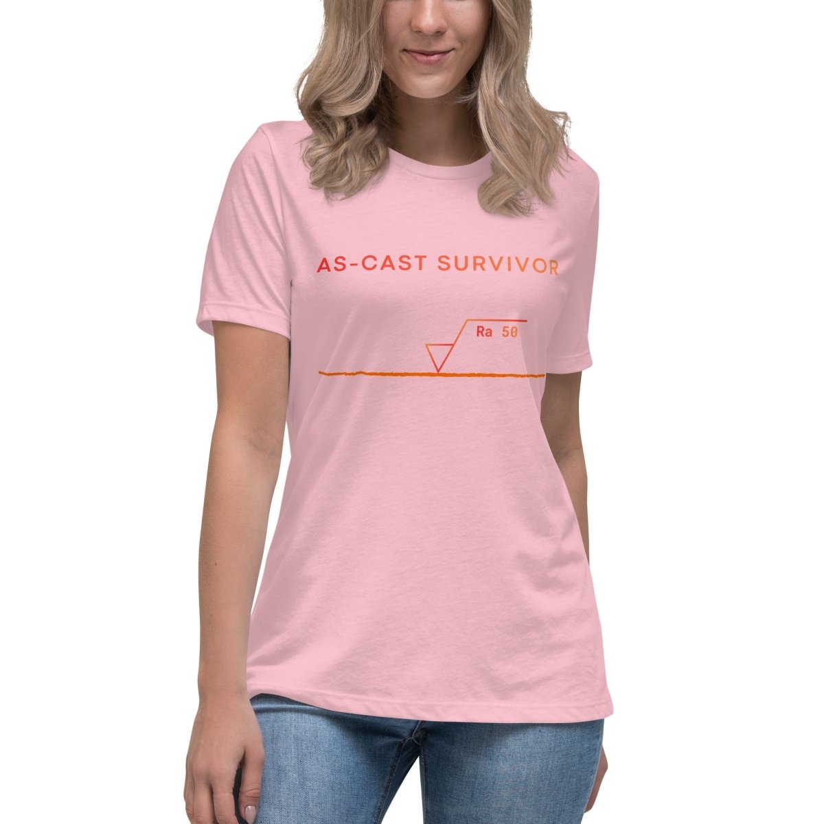 STEM women's pink t-shirt featuring "As-Cast Survivor" text & Ra 50 surface roughness symbol