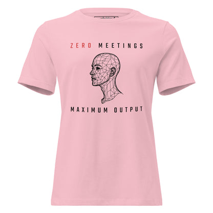 STEM women's cut, pink t-shirt with wireframe head and "Zero Meetings Maximum Output" productivity text.