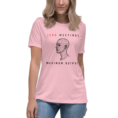 Women's cut, pink t-shirt with wireframe head and "Zero Meetings Maximum Output" productivity text.