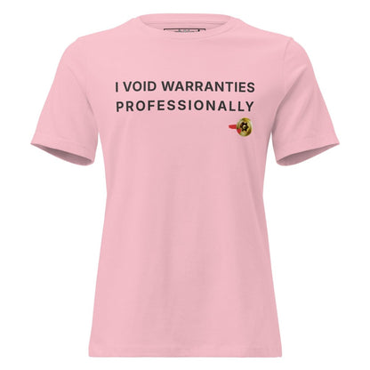 Women's black t-shirt featuring "I Void Warranties Professionally" text for R&D engineers.