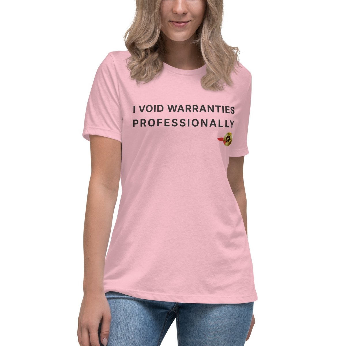 STEM women's pink t-shirt featuring "I Void Warranties Professionally" text for R&D engineers.