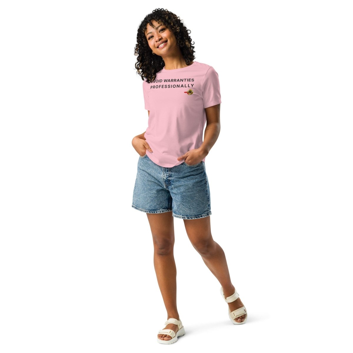 Full view of women's pink tee featuring "I Void Warranties Professionally" text for R&D engineers