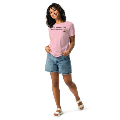 Full view of women's pink tee featuring "I Void Warranties Professionally" text for R&D engineers