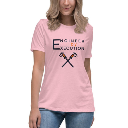 Woman in pink Combed ring-spun cotton tee with “Engineer by Execution” text with crossed calipers.