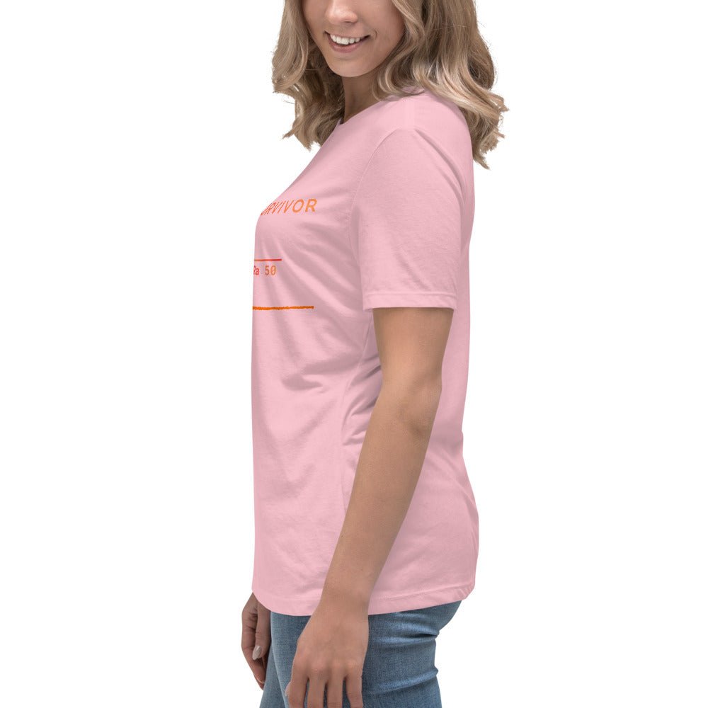Side view of women's pink t-shirt featuring "As-Cast Survivor" text & Ra50 roughness symbol