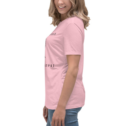 Women's cut, side view, pink t-shirt with wireframe head and "Zero Meetings Maximum Output" productivity text.