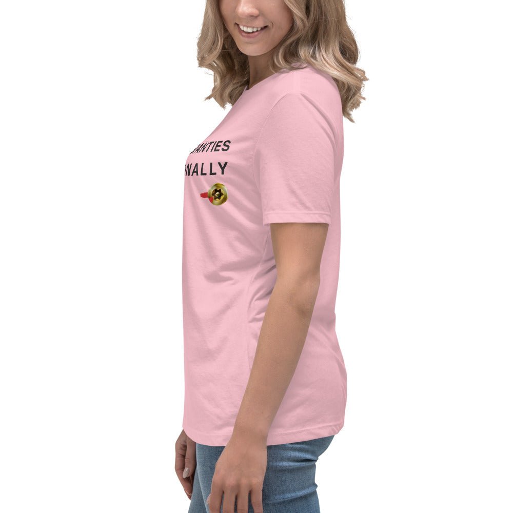Side view of women's pink t-shirt featuring I Void Warranties Professionally text for R&D engineers