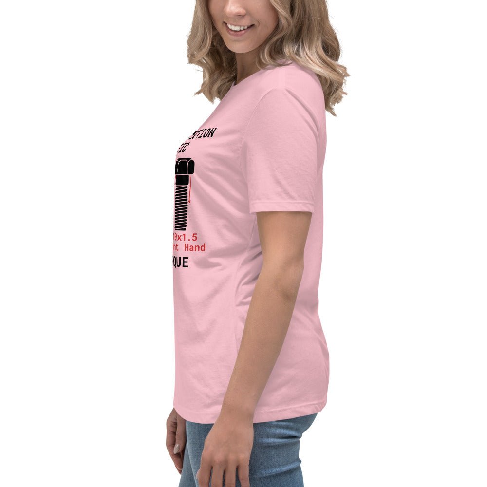 Side view of women's pink t-shirt "Thread Direction Agnostic" LH vs RH bolts, same torque.