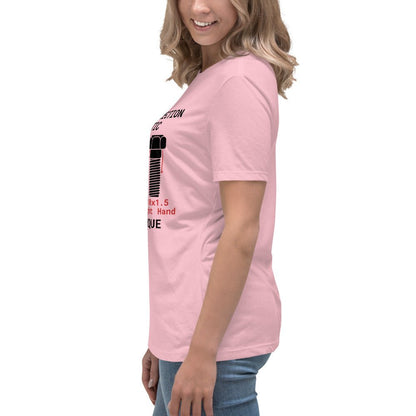 Side view of women's pink t-shirt "Thread Direction Agnostic" LH vs RH bolts, same torque.