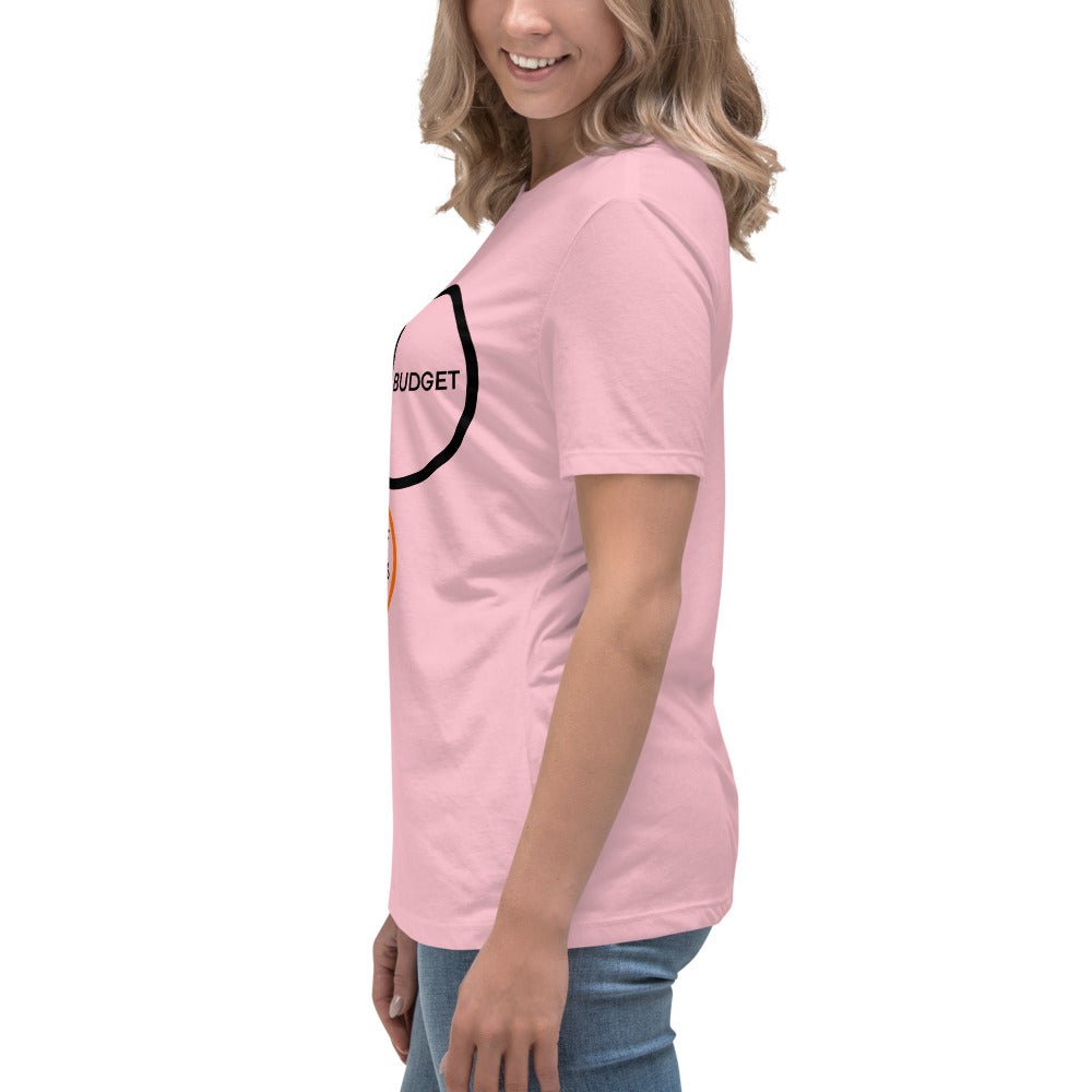 Side view of Women's pink tee featuring a PM Venn diagram about technical debt and physics.