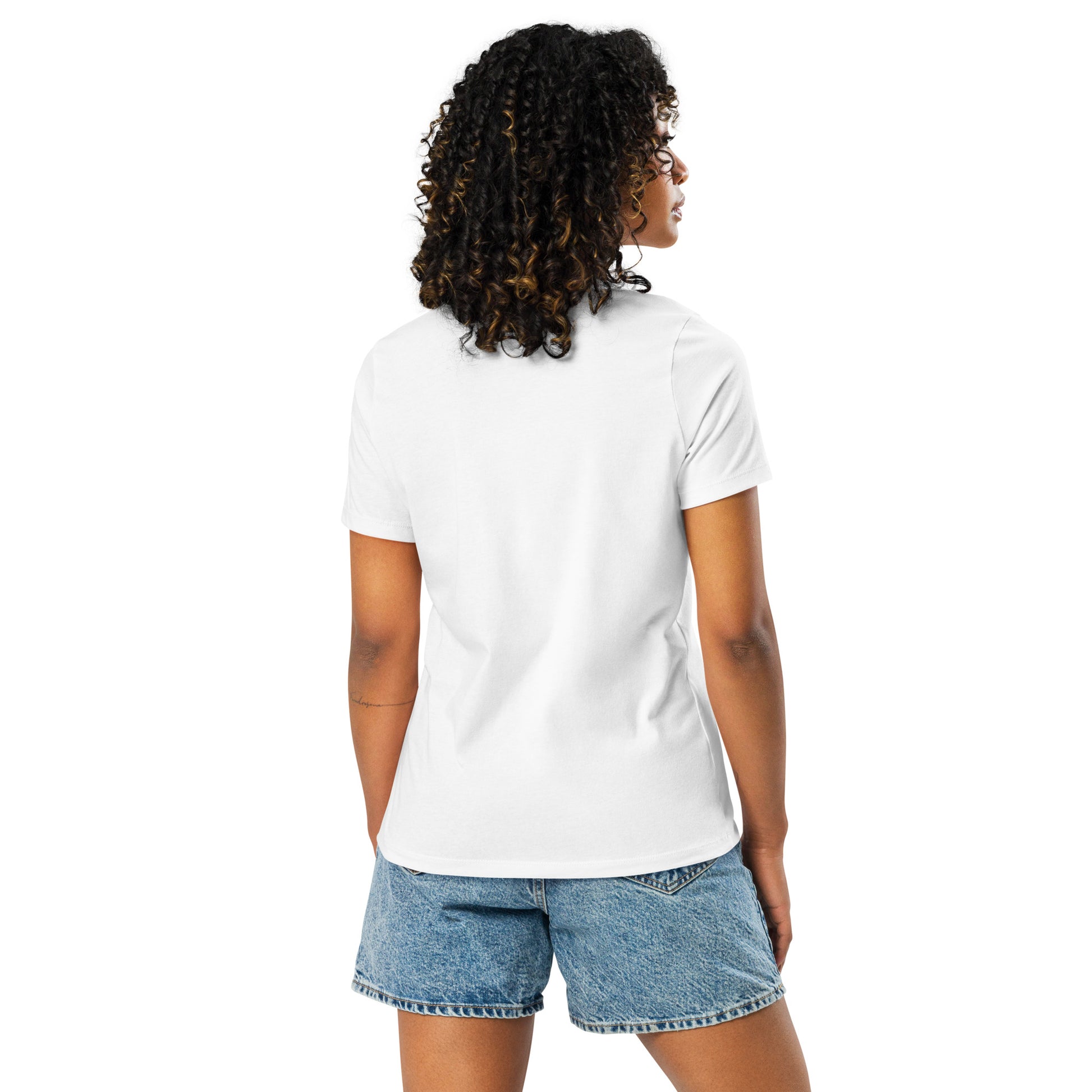 Women's cut, back view, plain white t-shirt.