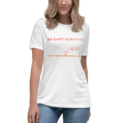 STEM women's white t-shirt featuring "As-Cast Survivor" text & Ra 50 surface roughness symbol