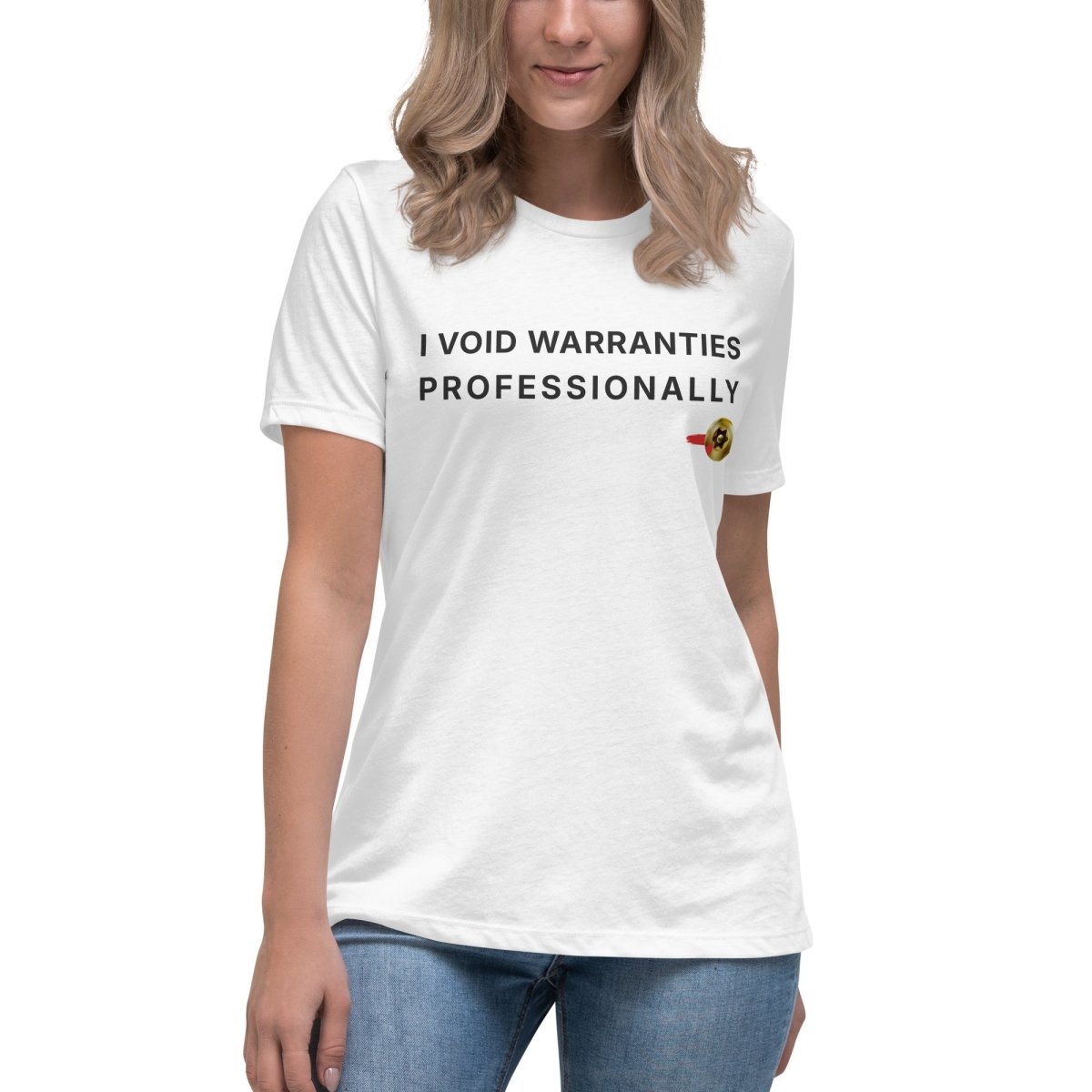 STEM women's white t-shirt featuring "I Void Warranties Professionally" text for R&D engineers.